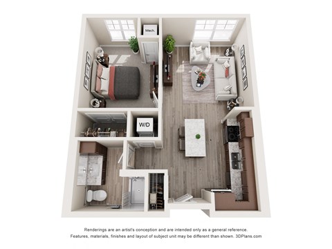 Floor plan for 1 bed, 1 bath, 663 sqft
